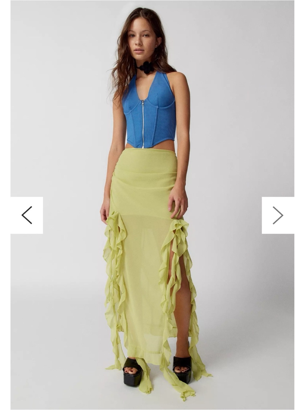 Lioness Lime Chiffon Maxi Skirt with Asymmetrical Hem, Ruching, and Ruffles - Picture 2 of 9